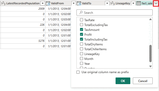 Captura de pantalla de la tabla con la opción Combinar seleccionada y las opciones TaxAmount, Profit y TotalIncludingTax seleccionadas.