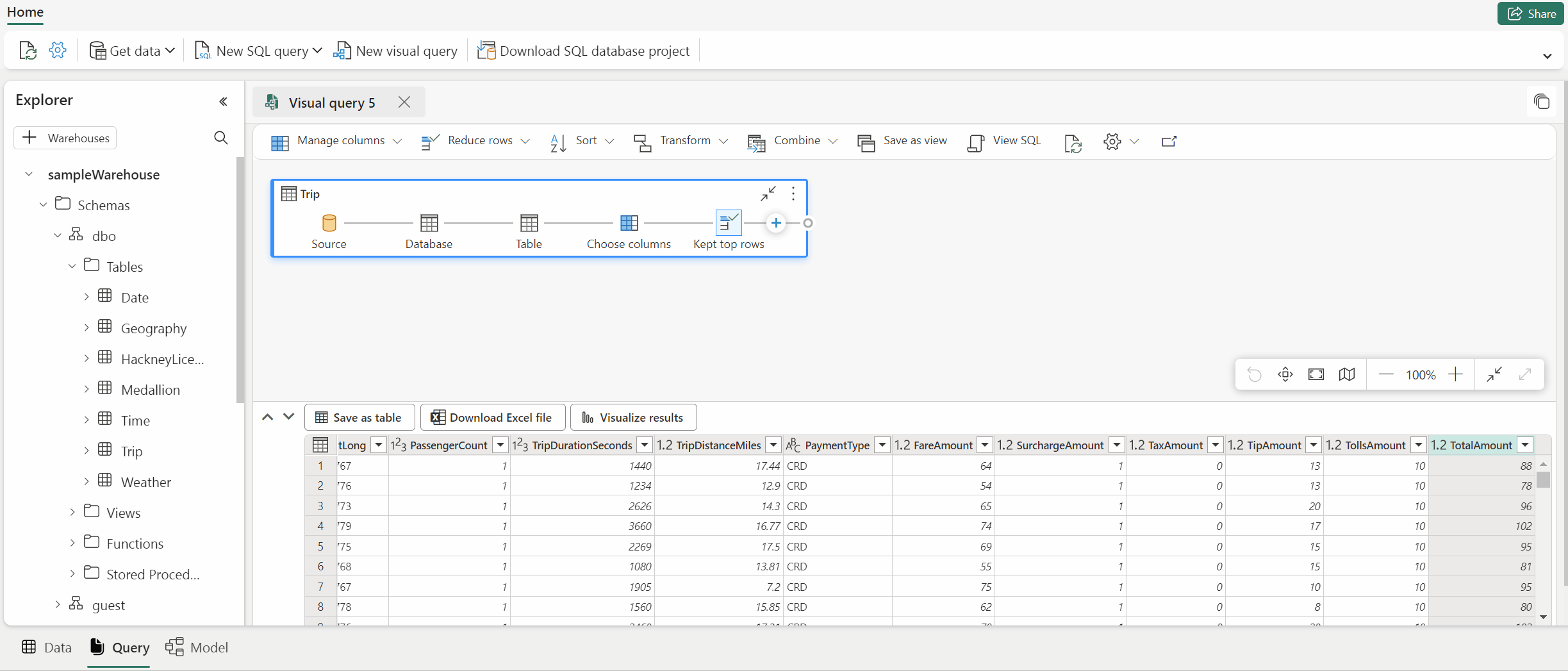 Imagen animada desde una pantalla en el portal de Fabric que muestra la característica Ver SQL y el botón Editar script SQL.