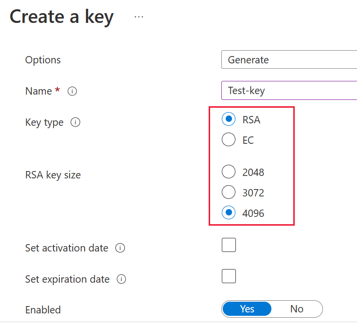 Captura de pantalla del tipo de clave RSA y las selecciones de tamaño.