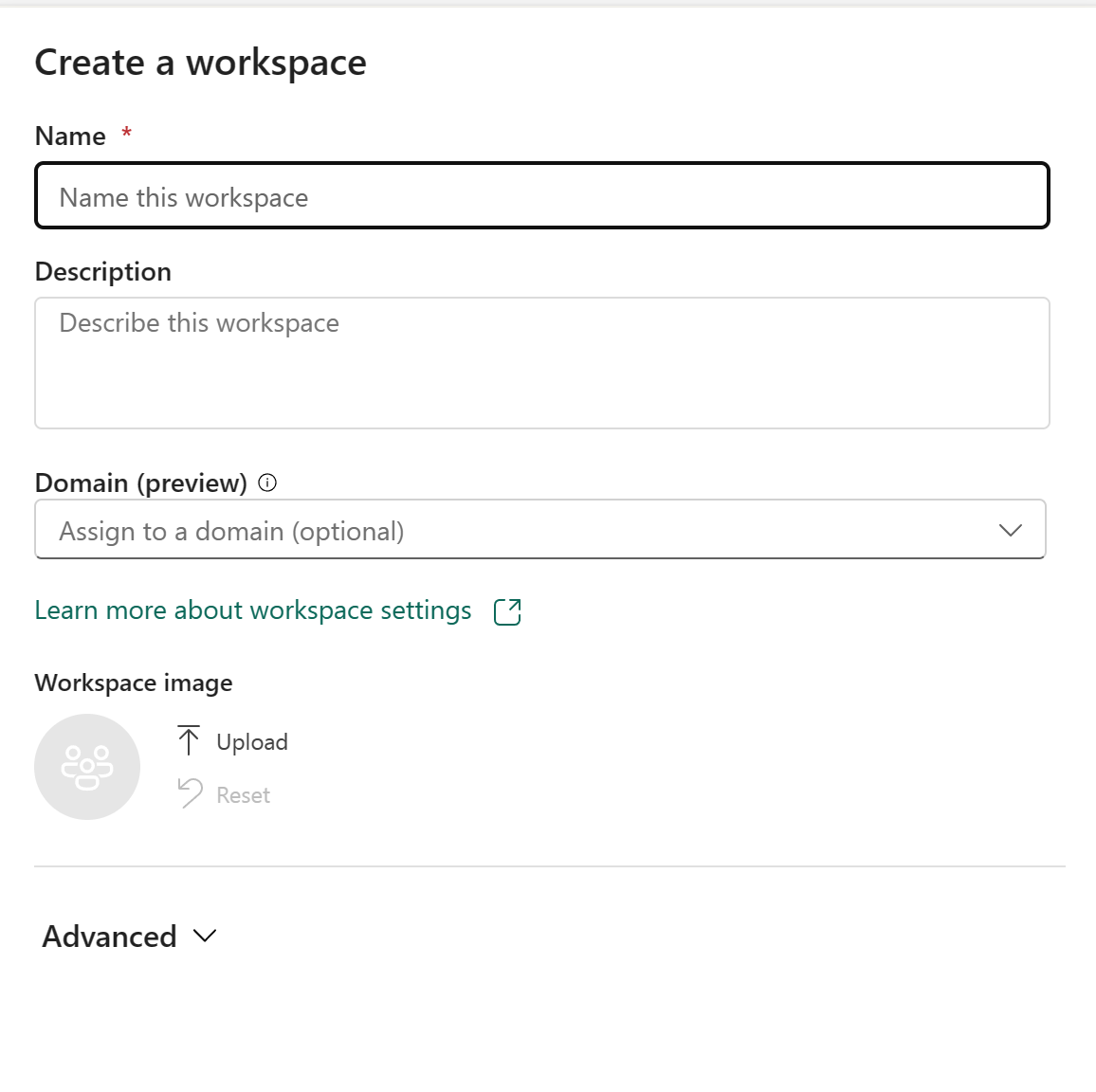 Screenshot of the Create a workspace side pane.