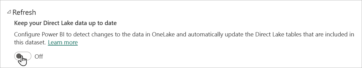 Captura de pantalla de la opción de actualización de Direct Lake en la configuración del modelo.