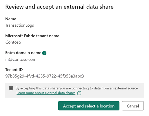 Captura de pantalla que muestra el cuadro de diálogo de revisión y aceptación del recurso compartido de datos externo.