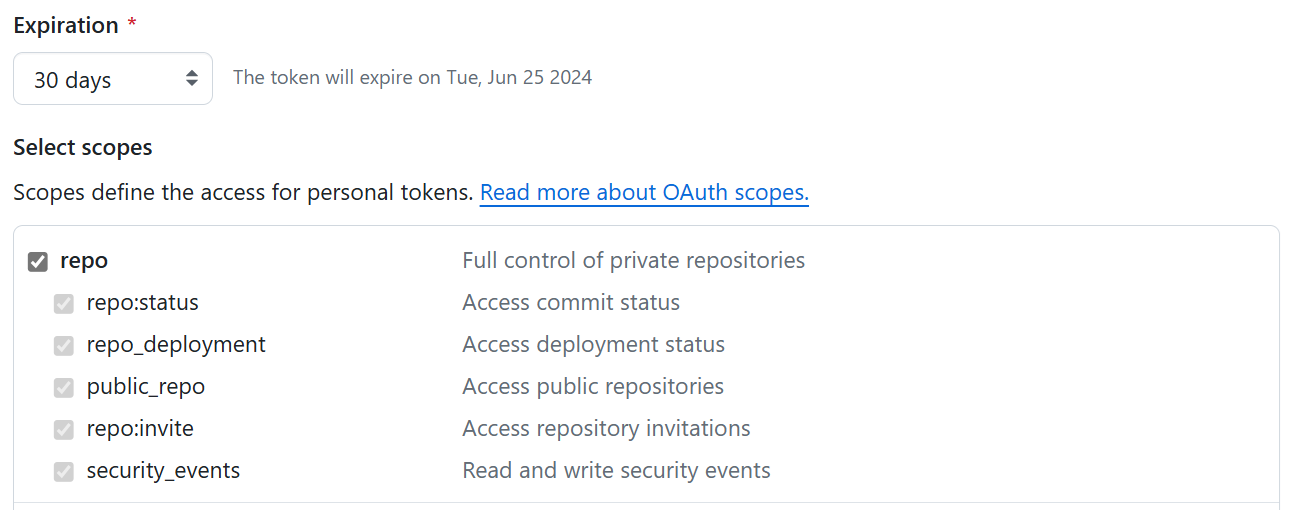 Captura de pantalla de los ámbitos de los tokens clásicos de GitHub.