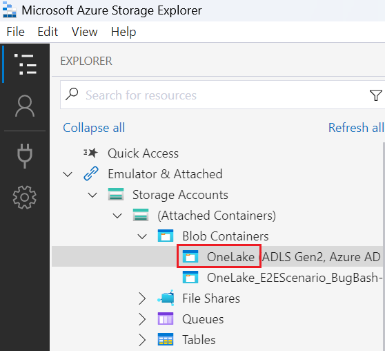 Captura de pantalla que muestra un ejemplo de selección de OneLake en Explorador de Azure Storage.