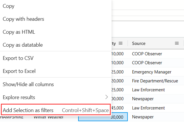 Captura de pantalla de una lista desplegable con la opción Agregar selección como filtro para consultar directamente desde la cuadrícula.