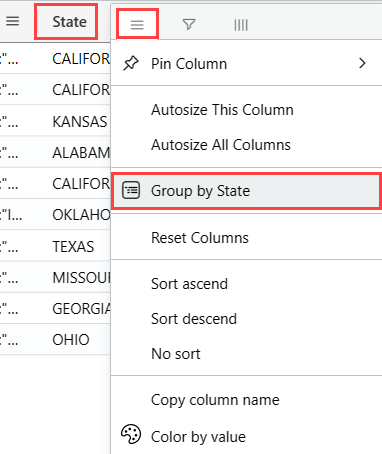 Captura de pantalla del panel de resultados del conjunto de consultas KQL que muestra el menú de la columna denominada Estado. La opción de menú para agrupar por estado está resaltada.