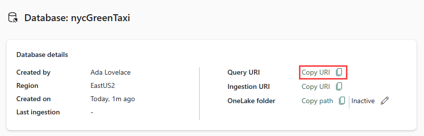  Captura de pantalla de la tarjeta de detalles de la base de datos que muestra los detalles de la base de datos. La opción URI de consulta titulada Copy URI (Copiar URI) está resaltada.