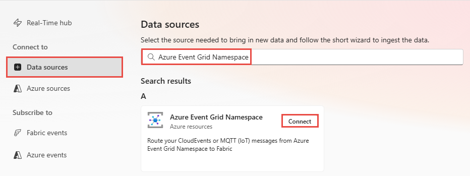 Captura de pantalla que muestra la selección del espacio de nombres de Azure Event Grid como tipo de origen en la página Orígenes de datos.