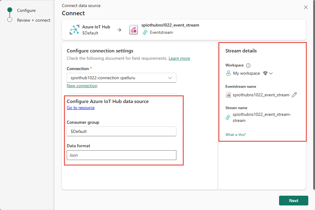 Captura de pantalla que muestra la página dos de Conectar para el conector de Azure IoT Hub.