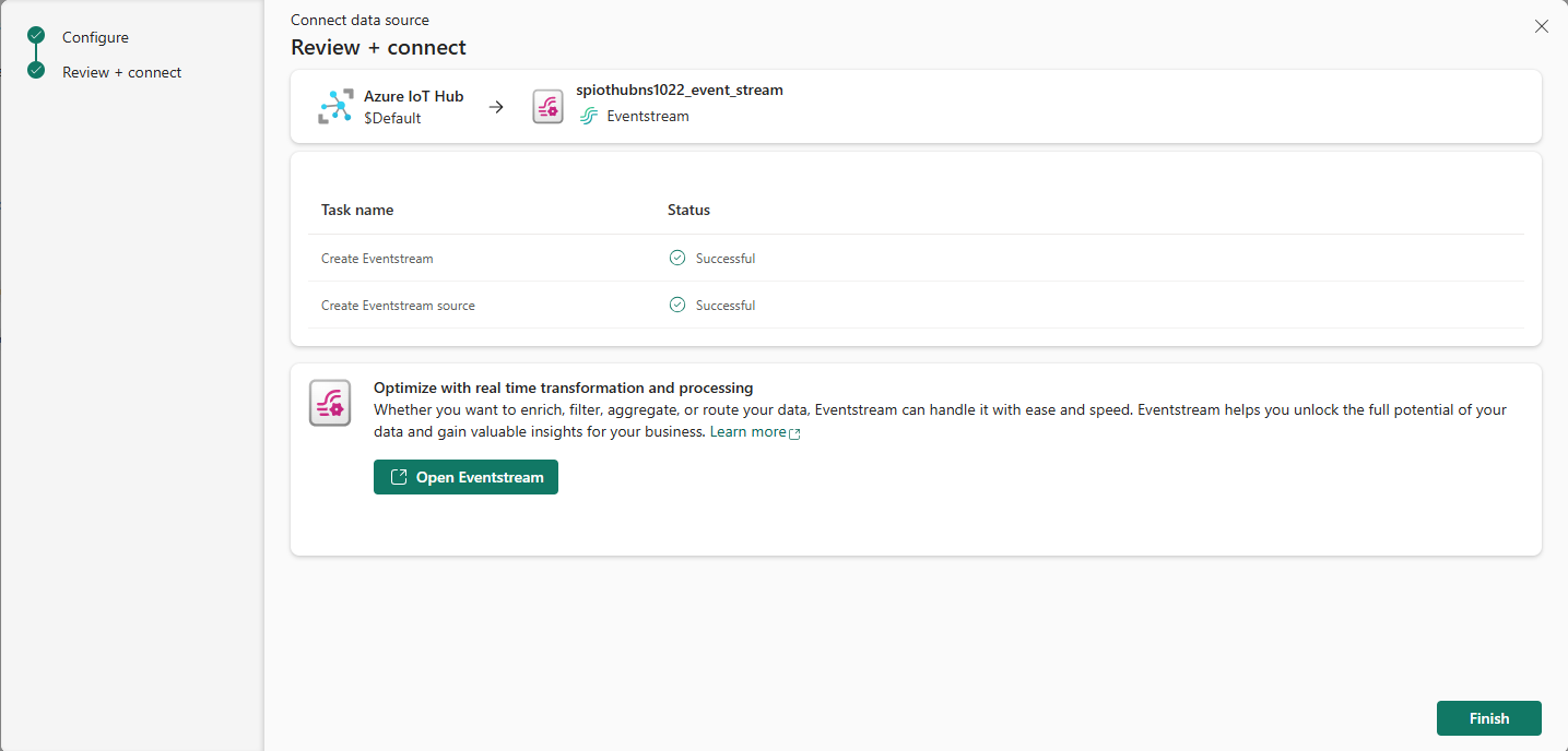Captura de pantalla que muestra la página Revisar y conectar con vínculos para abrir el flujo de eventos y cerrar el asistente.