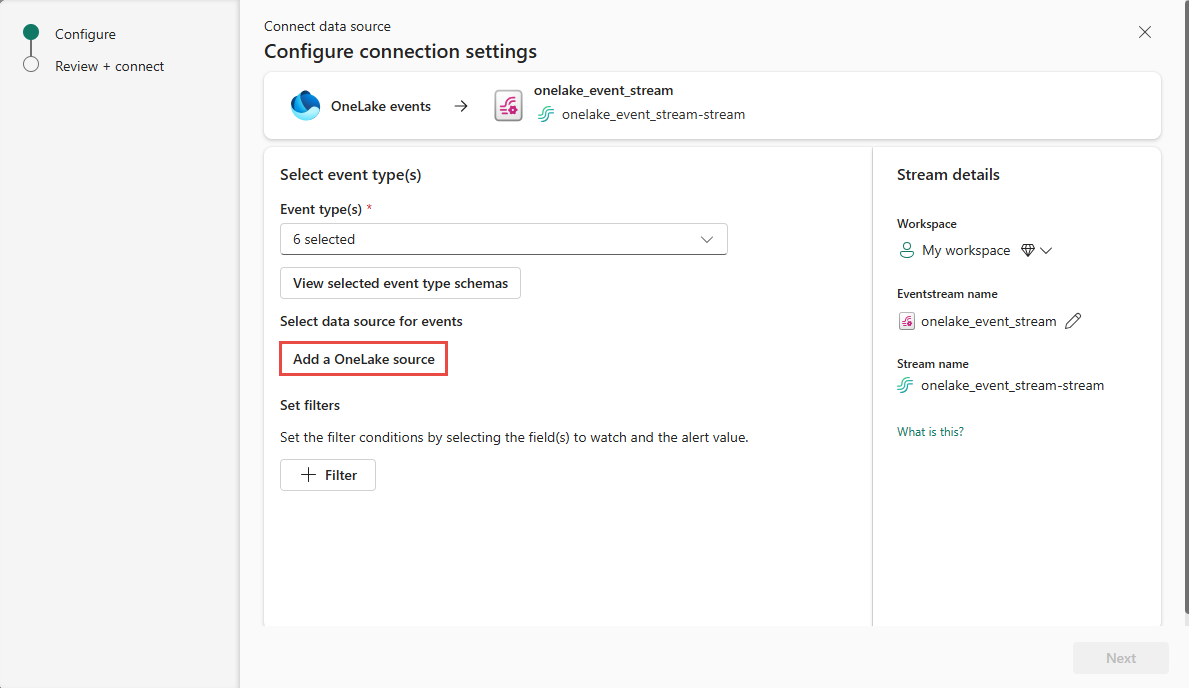 Captura de pantalla que muestra la selección del botón de Agregar una fuente de OneLake.