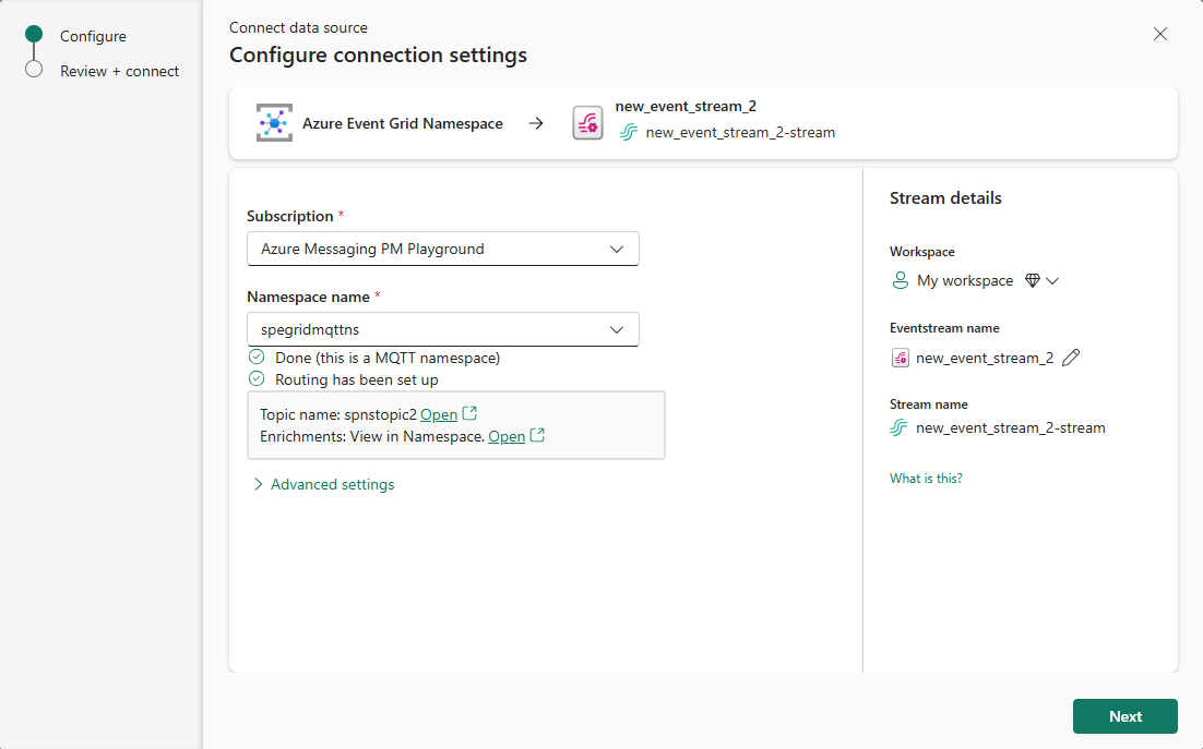 Captura de pantalla que muestra las opciones de configuración de un espacio de nombres de Event Grid cuando se habilita MQTT y enrutamiento.