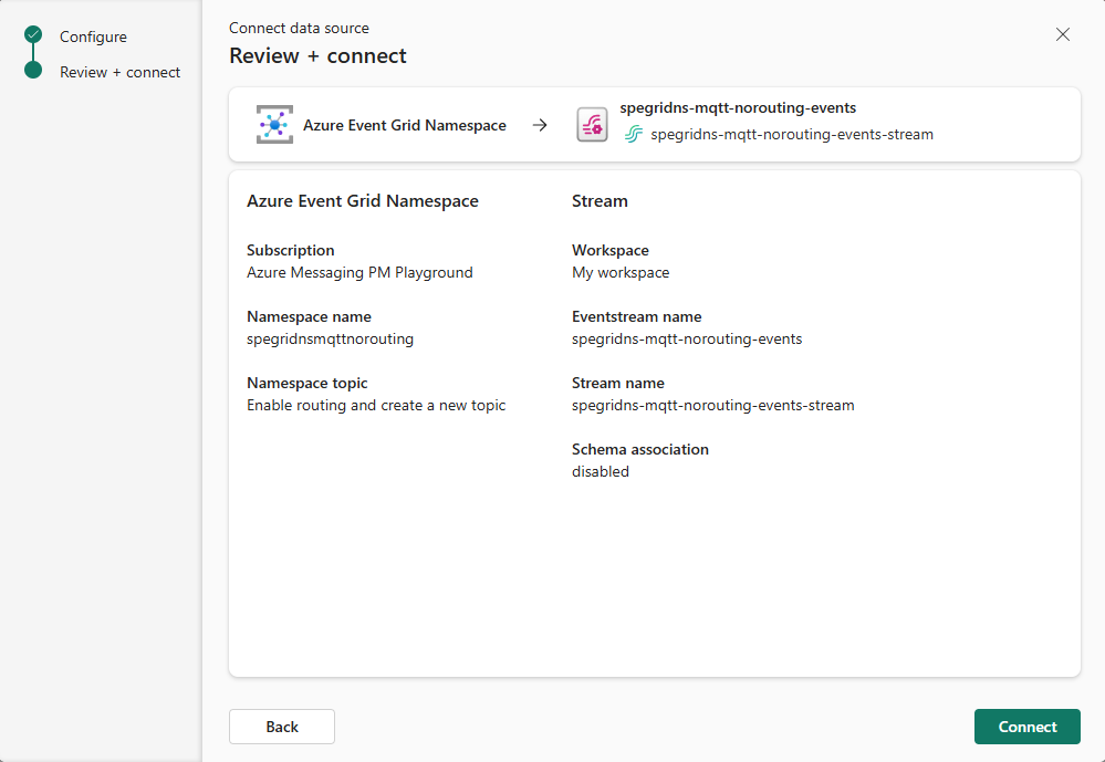 Captura de pantalla que muestra la página para revisar y conectarse con MQTT habilitado, pero el enrutamiento no habilitado.