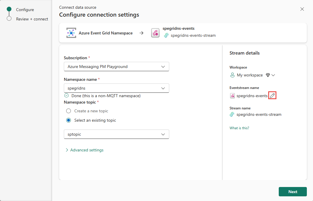 Captura de pantalla que muestra la sección de detalles del flujo en el espacio de nombres de Event Grid.