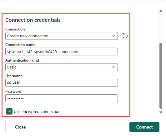 Captura de pantalla que muestra la sección Credenciales de conexión para el conector de base de datos de Azure PostgreSQL.