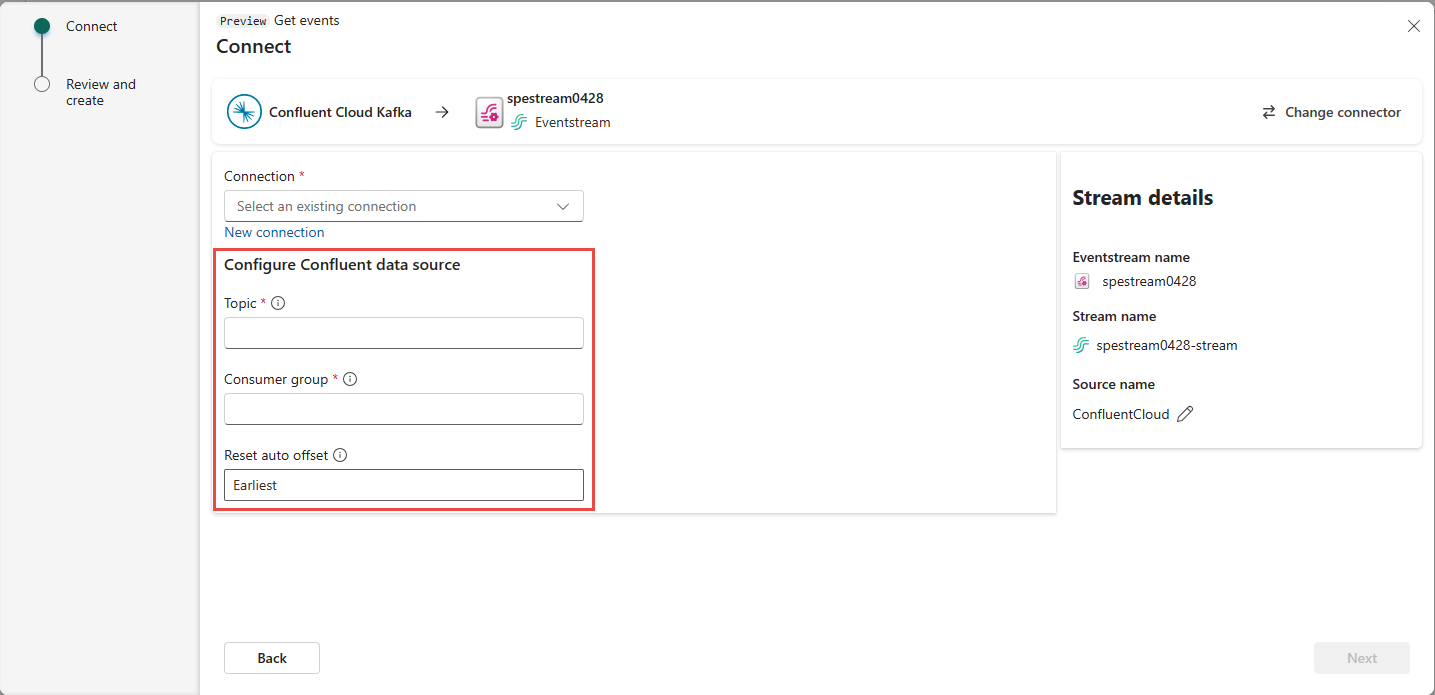 Captura de pantalla que muestra la segunda página (página de Configuración del origen de datos de Confluent), de la configuración de conexión de Confluent. 