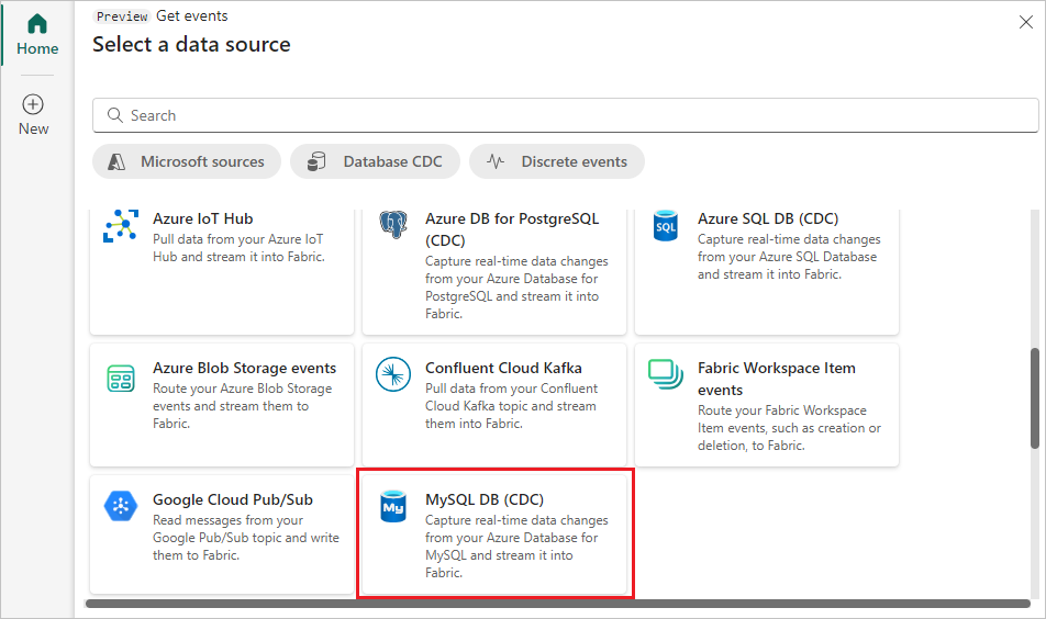 Captura de pantalla de la selección de Azure MySQL DB (CDC).