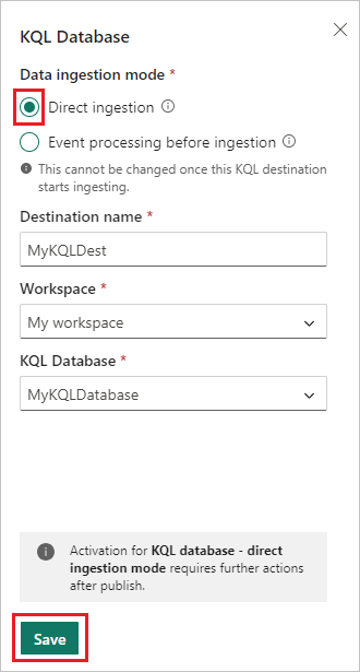 Captura de pantalla de la configuración de base de datos KQL.