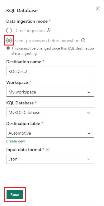 Captura de la pantalla de configuración de la base de datos KQL para el procesamiento de eventos antes de la ingesta.