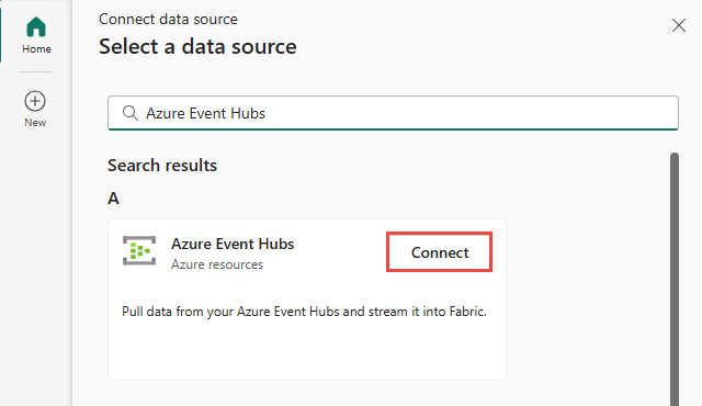 Captura de pantalla que muestra la selección de Azure Event Hubs como tipo de origen en el asistente para obtener eventos.