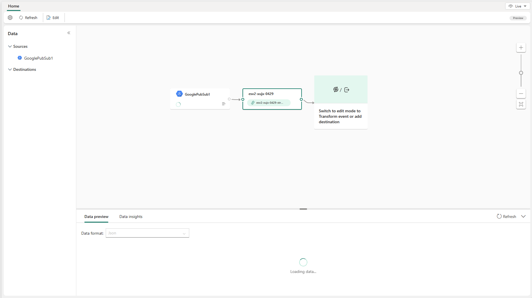 Captura de pantalla de la secuencia de eventos publicada con el origen Google Cloud Pub/Sub en Vista en vivo.