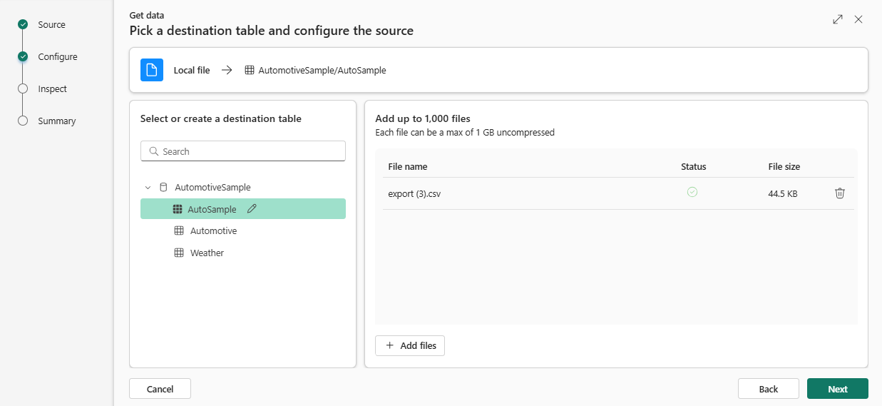 Captura de pantalla de la pestaña configurar con la nueva tabla especificada y un archivo de datos de ejemplo seleccionado.