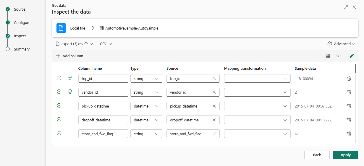 Captura de pantalla de las columnas abiertas para su edición.