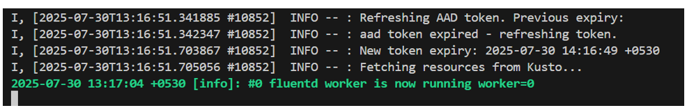 Captura de pantalla del archivo de registro de Fluentd que muestra solicitudes de ingesta correctas