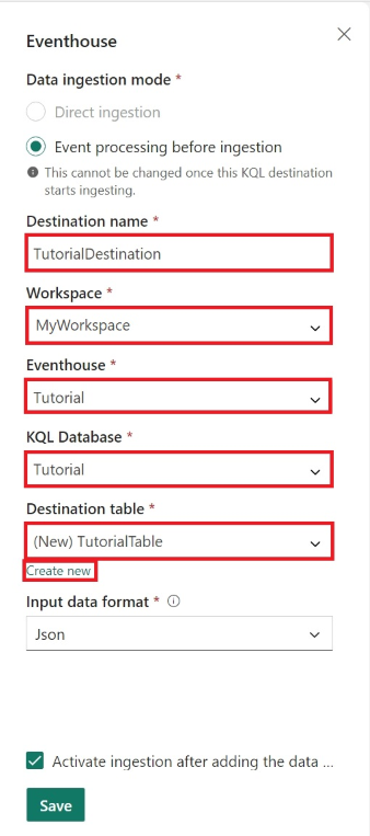 Captura de pantalla que muestra el panel de destino de la base de datos KQL en la inteligencia en tiempo real.