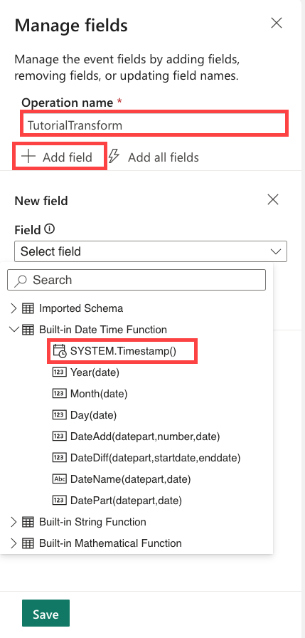 Captura de pantalla que muestra la marca de tiempo del sistema seleccionada en el icono administración de campos de la secuencia de eventos en la inteligencia en tiempo real.