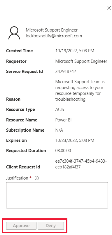 Screenshot of the approve and deny buttons of a pending Customer Lockbox for Microsoft Azure request.
