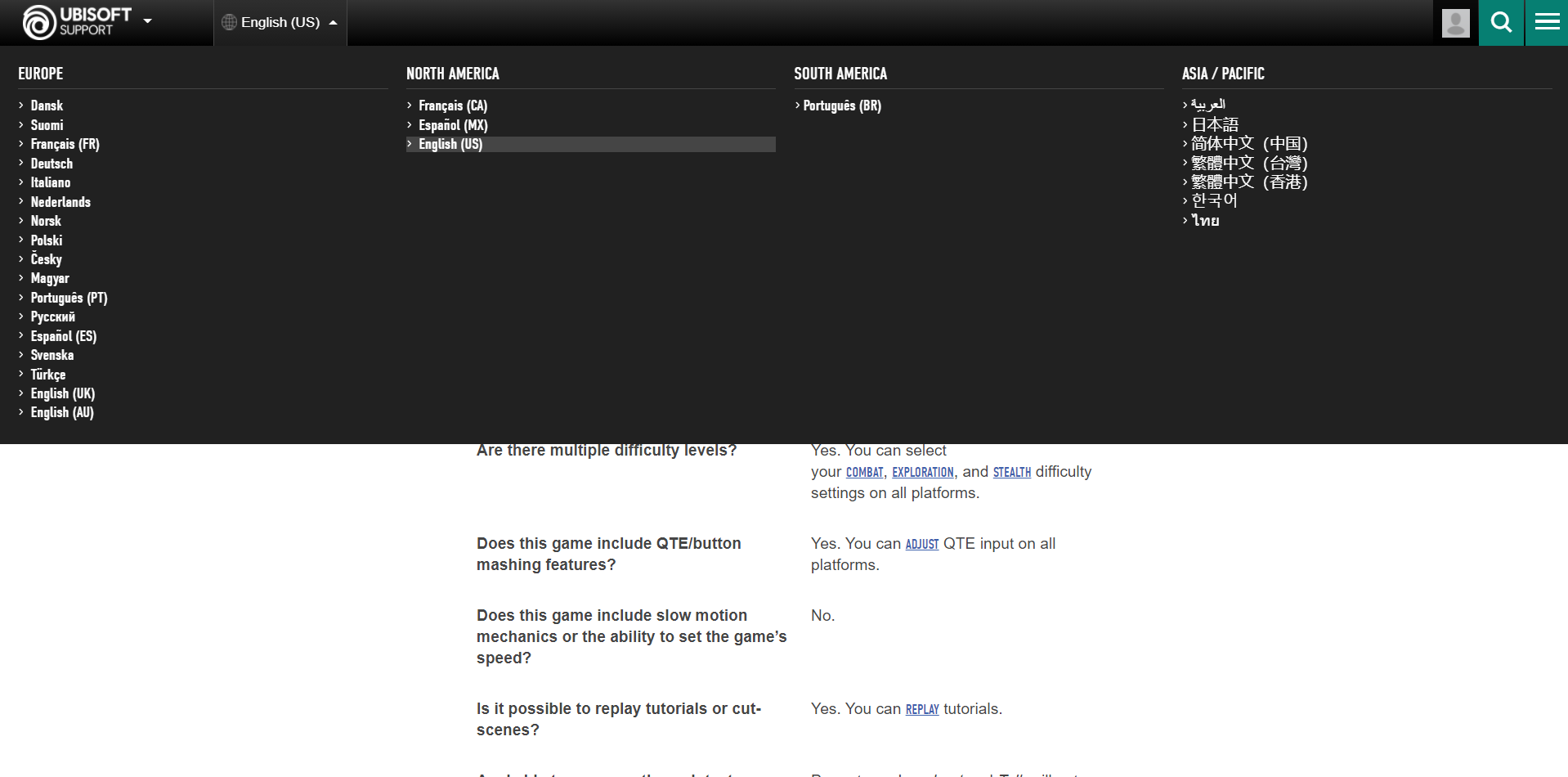 A screenshot that shows the various languages that the Ubisoft support website is localized in.