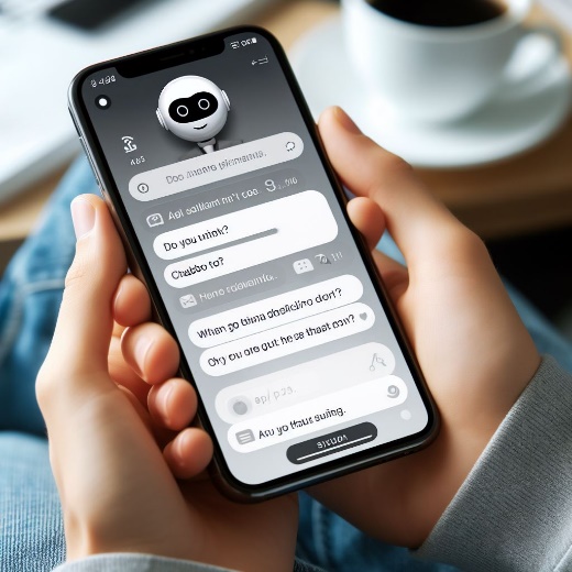 Two hands holding a cell phone with a chat bot application running.