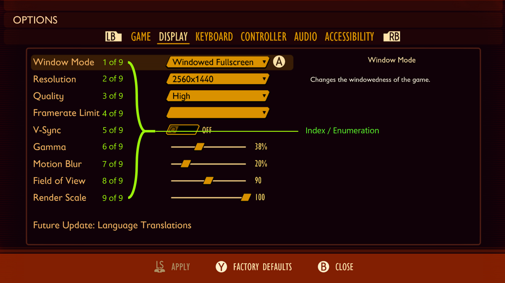 The display settings in Grounded. Next to each setting, there's text that lists the index of that setting out of nine items in the list. 