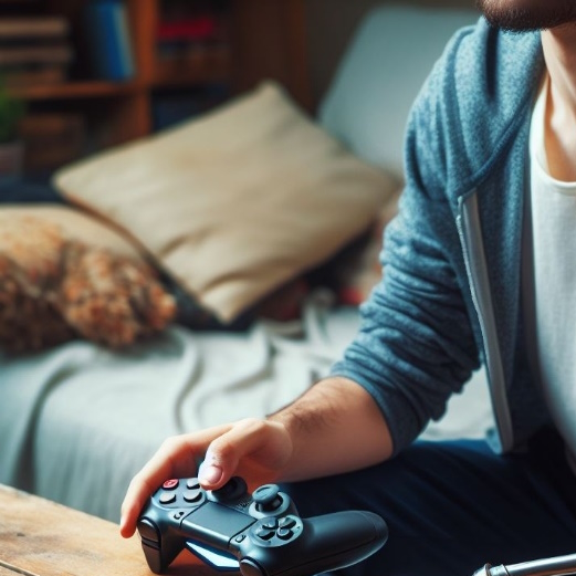 A person with one hand holding a video game controller.