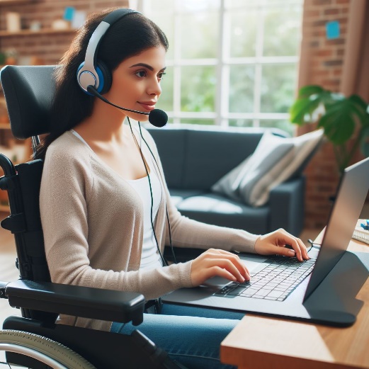 A woman in a wheelchair with a headset on sits in front of a laptop.