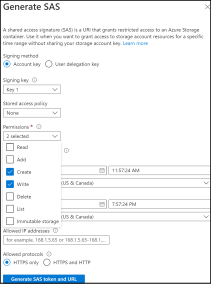 Generate SAS token - Option 1 Screenshot of Generate SAS token - Option 1