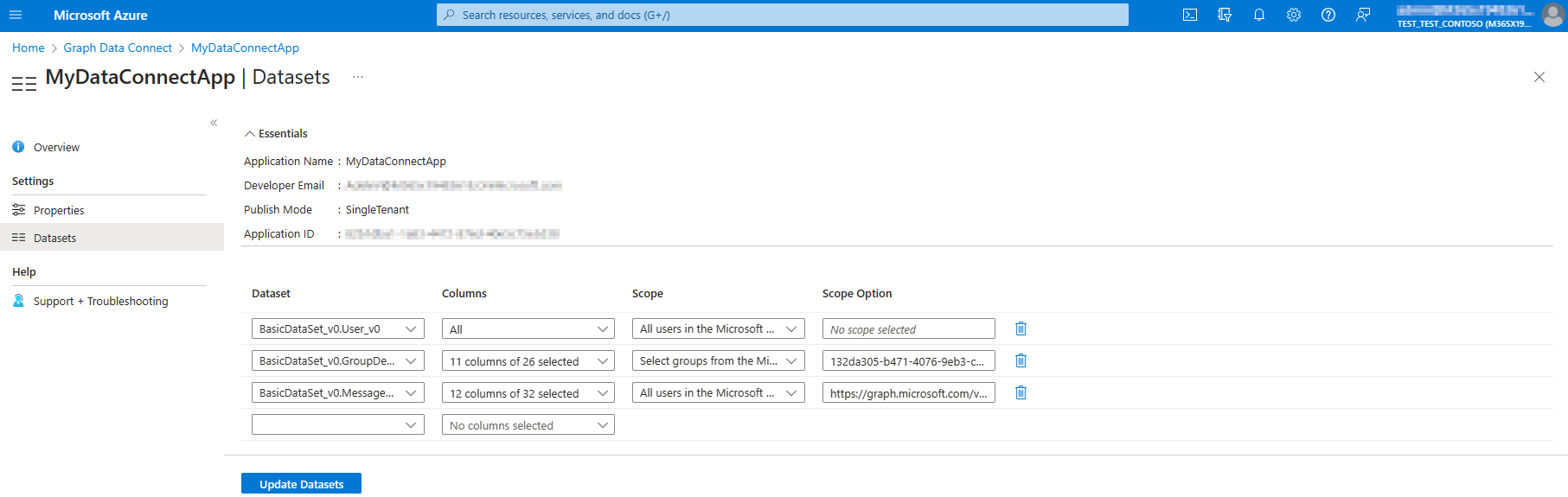 Captura de pantalla de la página Actualizar conjuntos de datos del registro de la aplicación.