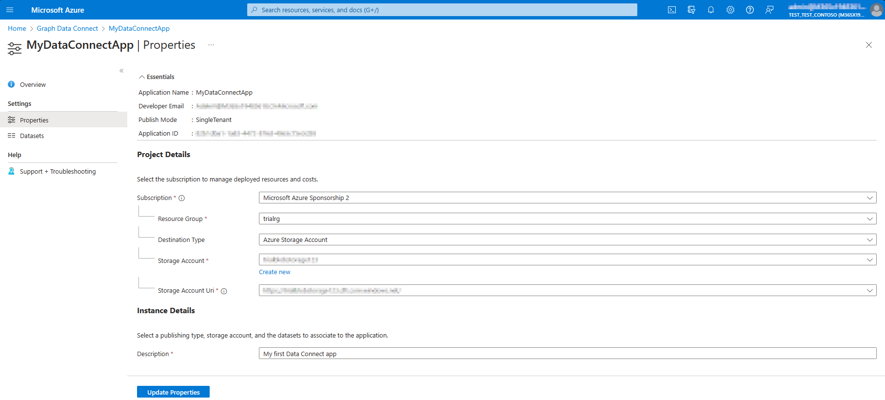 Captura de pantalla de la página Propiedades de actualización del registro de la aplicación.