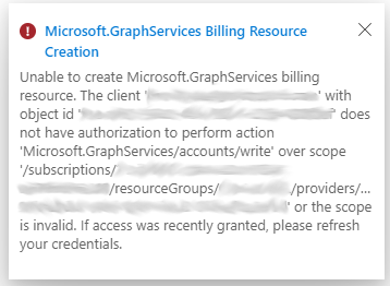 Captura de pantalla que muestra un error detectado durante la creación de un recurso de facturación.