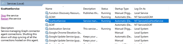 Captura de pantalla de la ventana de servicios con GcaHostService en ejecución
