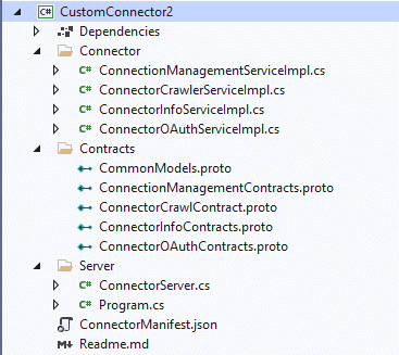 Captura de pantalla de la estructura del proyecto CustomConnector en Visual Studio