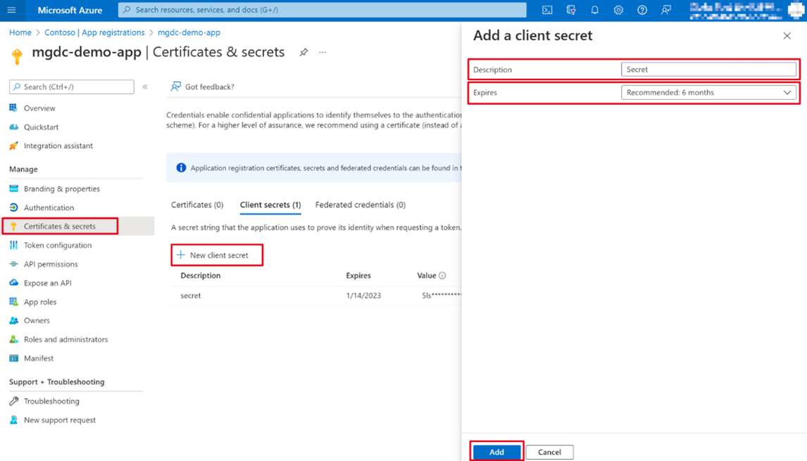 Captura de pantalla que muestra el proceso para crear un nuevo secreto de cliente en el Azure Portal.