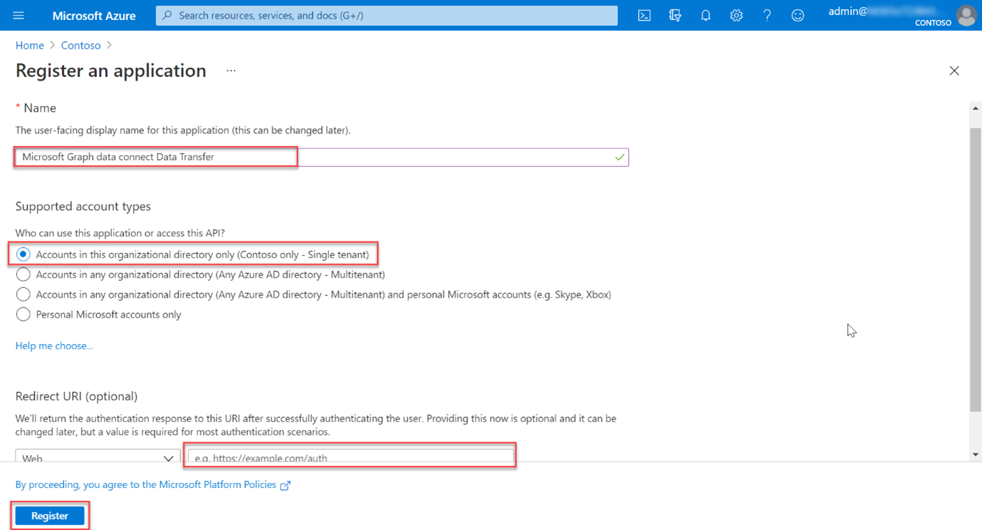 Captura de pantalla que muestra los pasos para registrar un nuevo registro de aplicación en el Azure Portal.