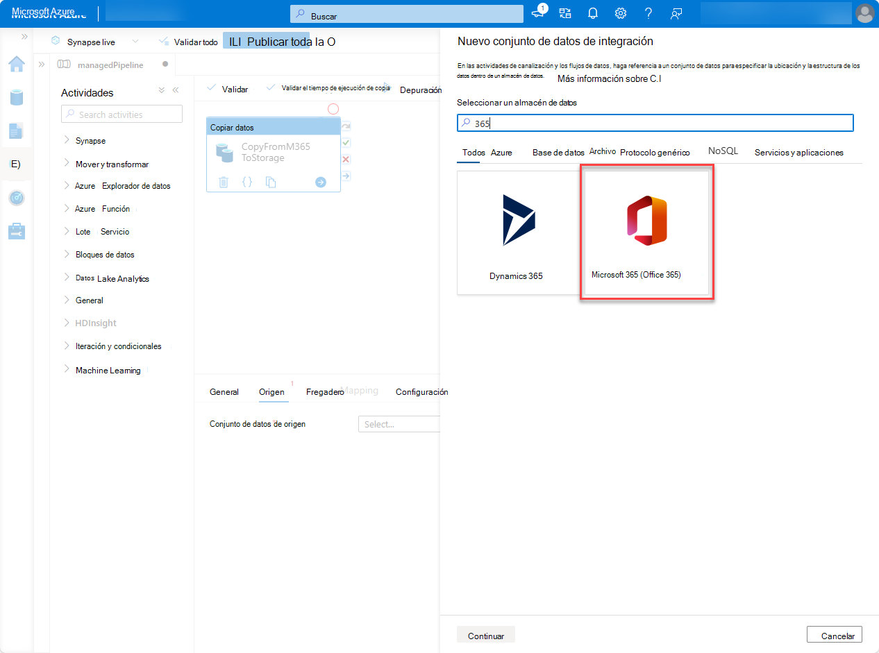 Captura de pantalla de la página del servicio Azure Portal Data Factory con Microsoft 365 (Office 365) y Continuar resaltados.