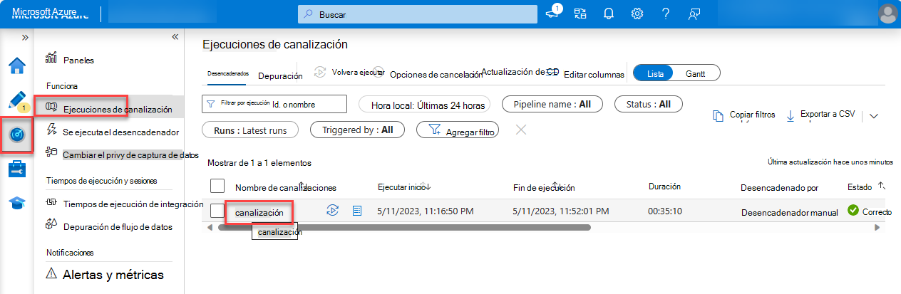 Captura de pantalla de la página ejecuciones de Azure Portal Pipeline con pipeline1 resaltado.