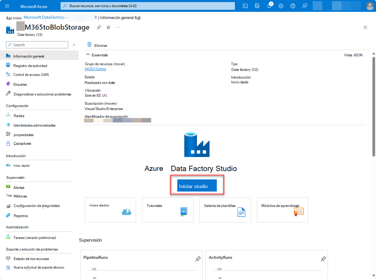 Captura de pantalla de la página del servicio Azure Portal Data Factory con Open Azure Data Factory Studio resaltado.
