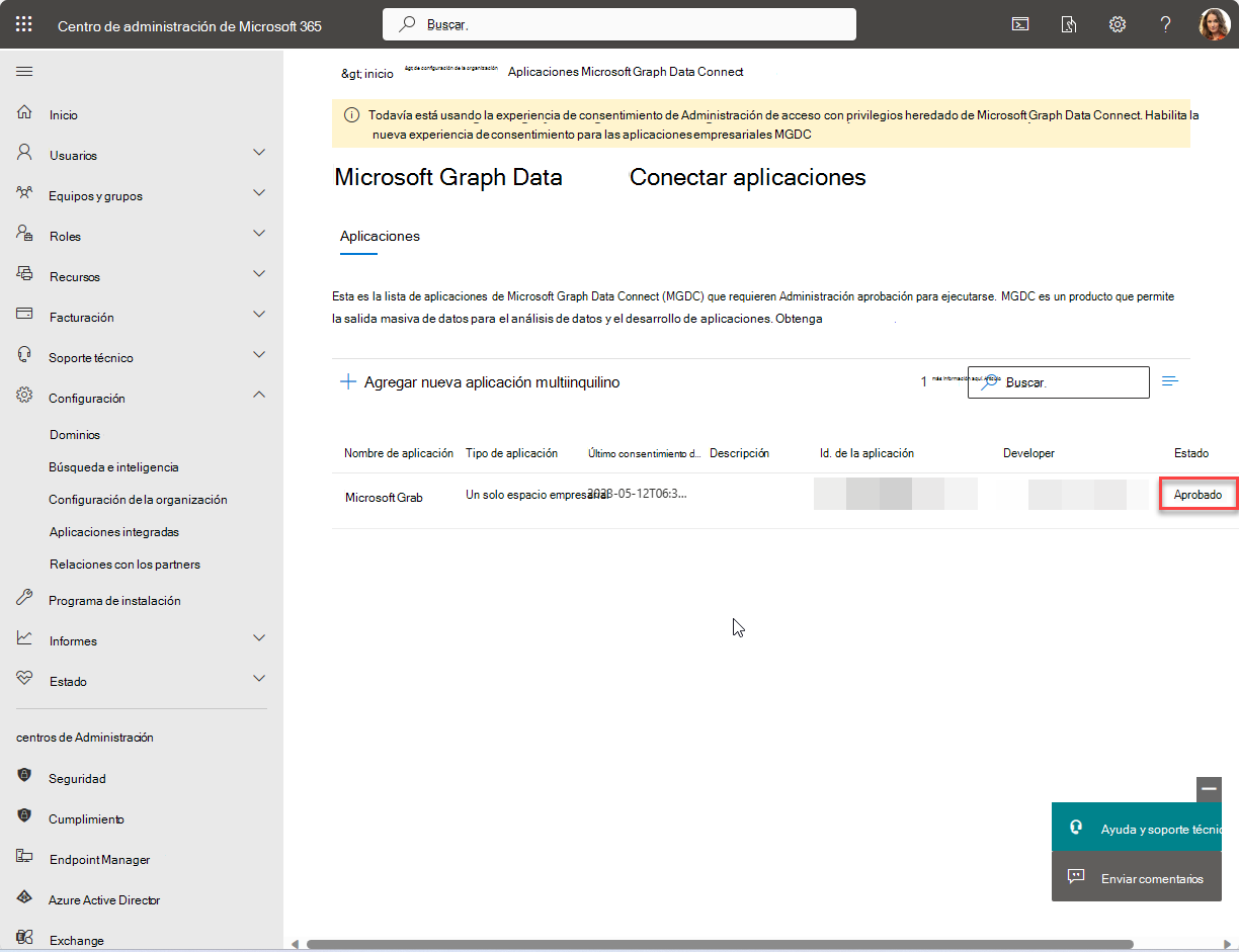 Captura de pantalla que muestra la aplicación aprobada en la página de aterrizaje del portal de aplicaciones de Microsoft Graph Data Connect.