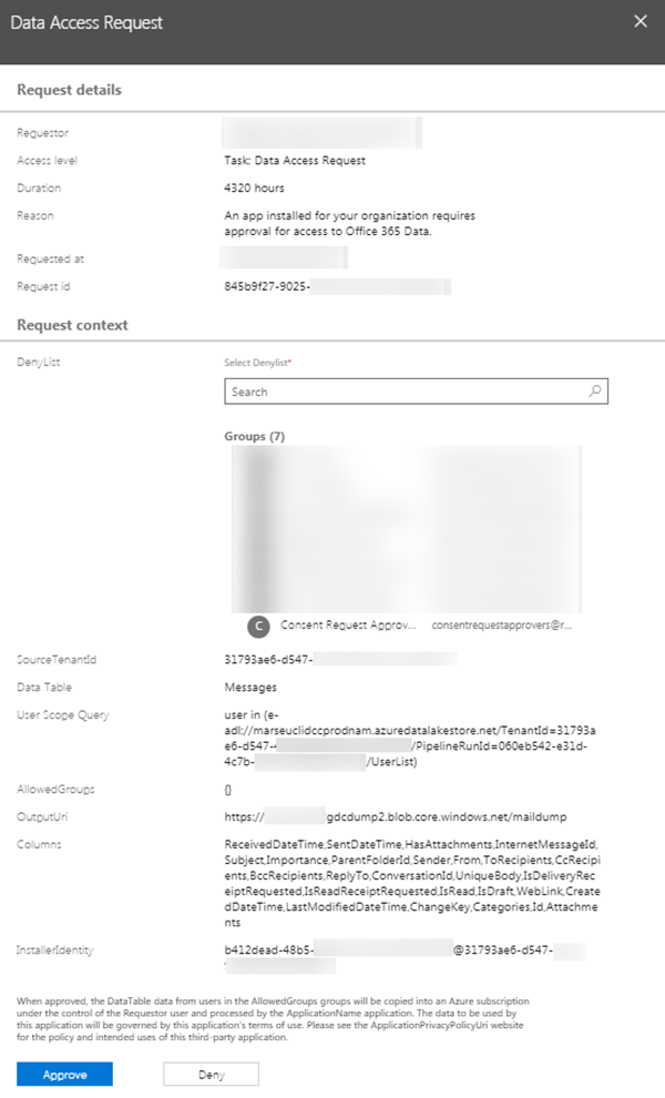 Captura de pantalla que muestra una solicitud de acceso a datos pendiente de aprobación del consentimiento en el Centro de administración de Microsoft 365.