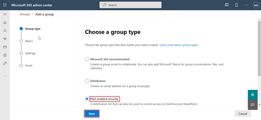 Captura de pantalla que muestra a un usuario que selecciona la seguridad habilitada para correo para un nuevo grupo en el Centro de administración de Microsoft 365.